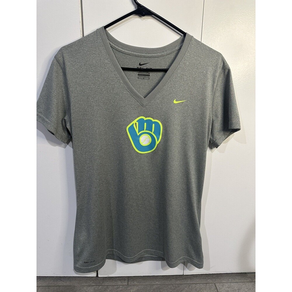 Milwaukee Brewers Nike Dri-Fit V-Neck T-Shirt Women's Slim Fit Gray blue medium